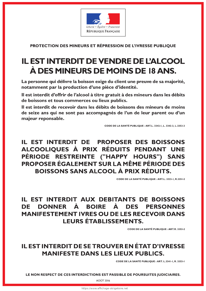 Affichage obligatoire protection des mineurs et répression de l'ivresse publique