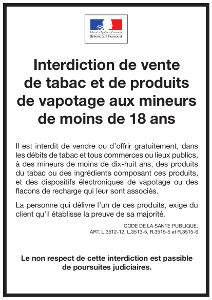 Affiche interdiction vente tabac vapotage aux mineurs