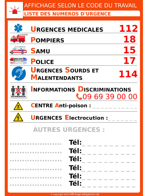 Affichage obligatoire numéros d'urgence