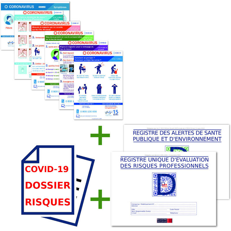 Pack 6 AFFICHAGES CORONAVIRUS + DUERP  SPECIAL CORONAVIRUS + REGISTRE DES ALERTES(Covid 19) format A3