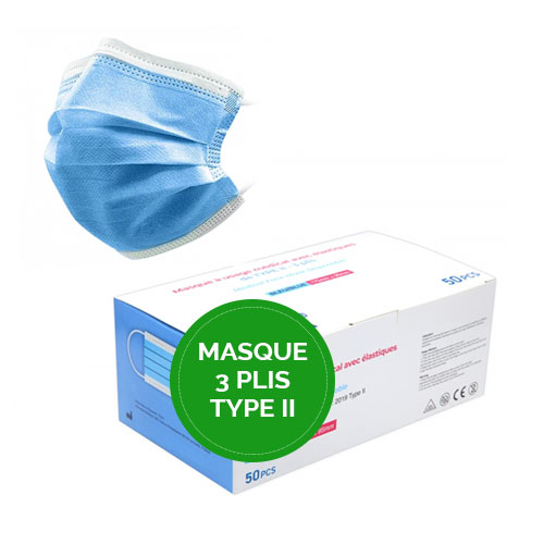 50 masques chirurgicaux 3 plis de Type II conformes à la norme EN14683:2019