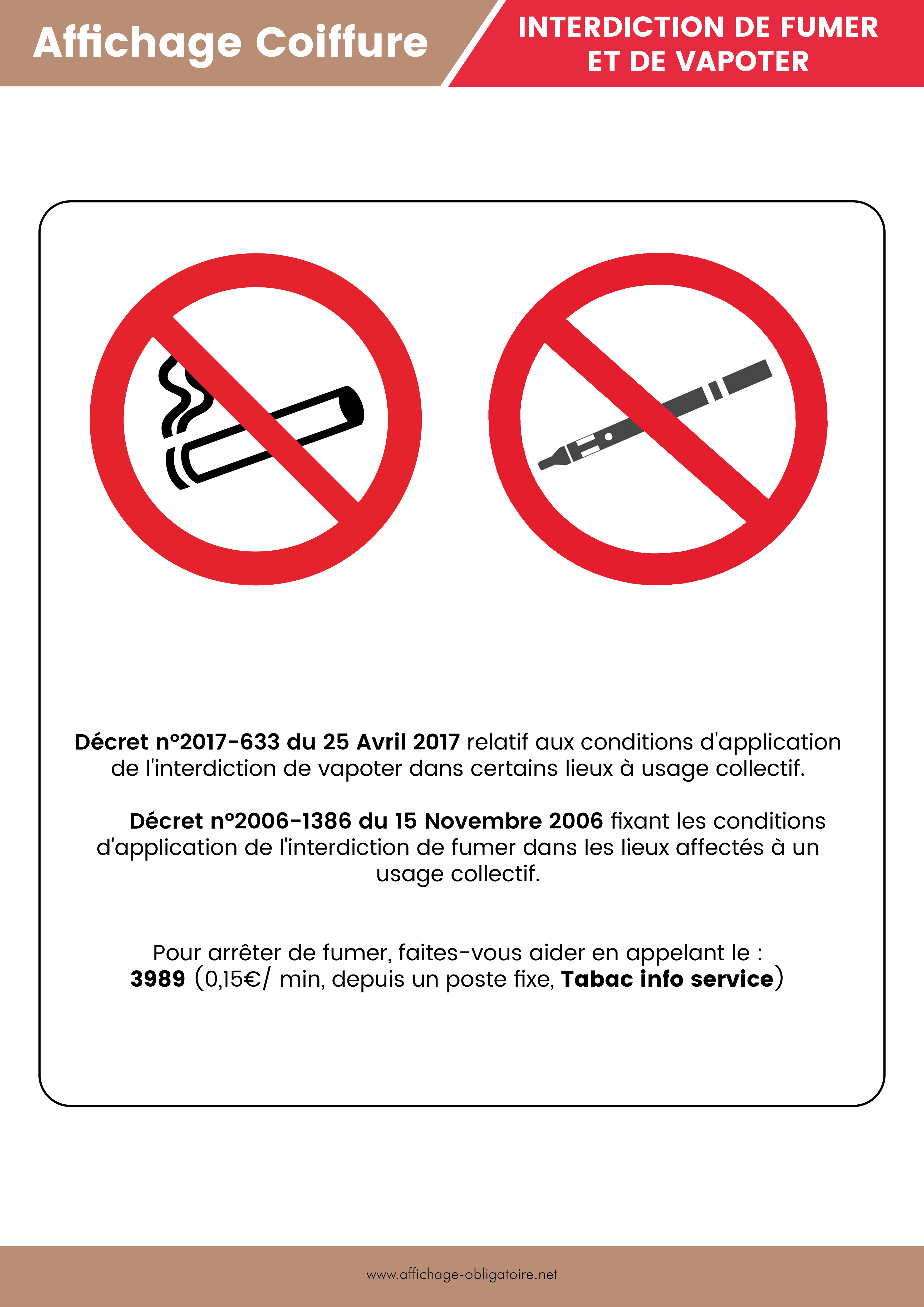 Affichage interdiction de fumer et de vapoter dans un salon de coiffure