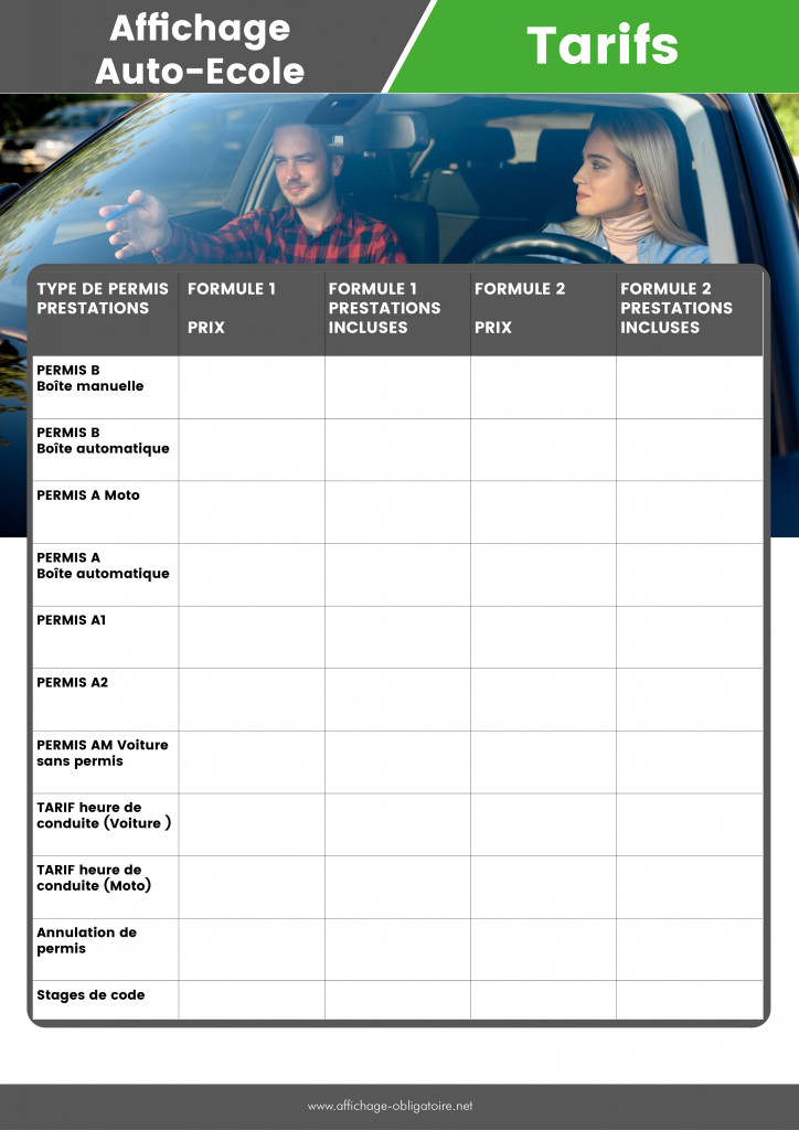 Affichage obligatoire tarifs auto-école
