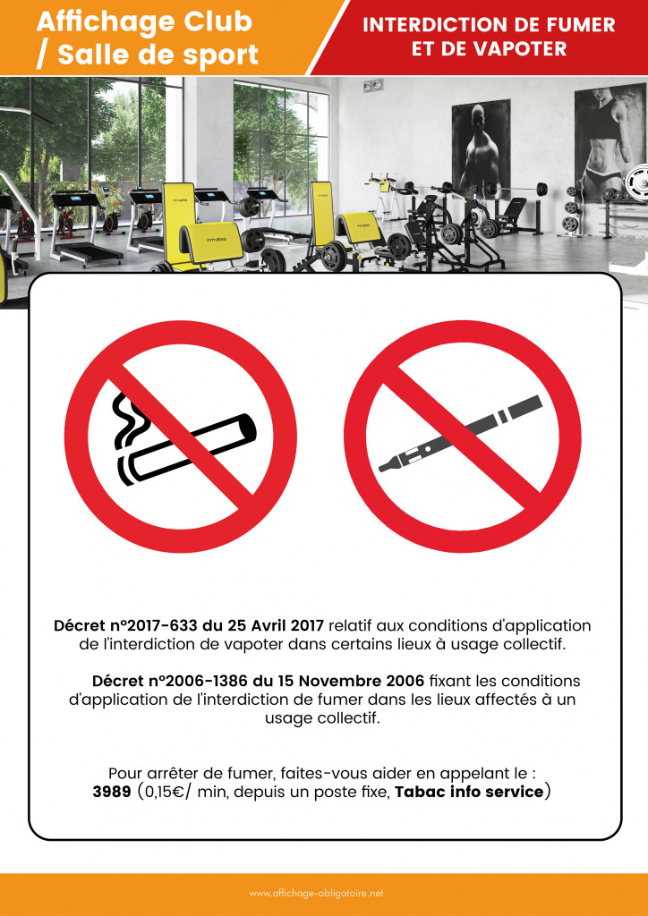 Affichage obligatoire interdiction de fumer et de vapoter dans une salle de sport