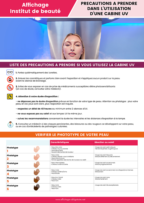 Affichage précautions à prendre dans l'utilisation d'une cabine UV dans un institut de beauté