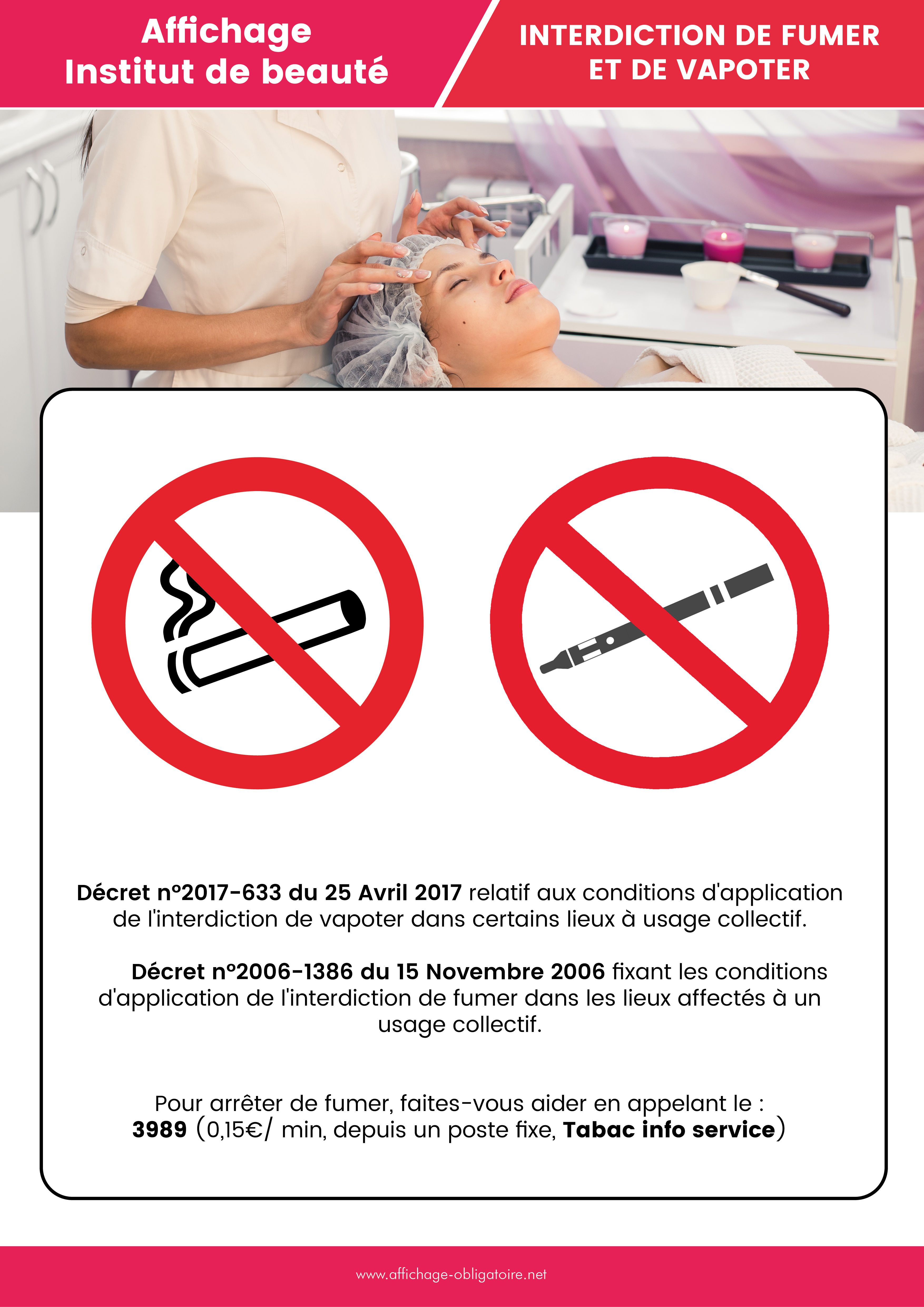 Affichage obligatoire interdiction de fumer et de vapoter dans un institut de beauté