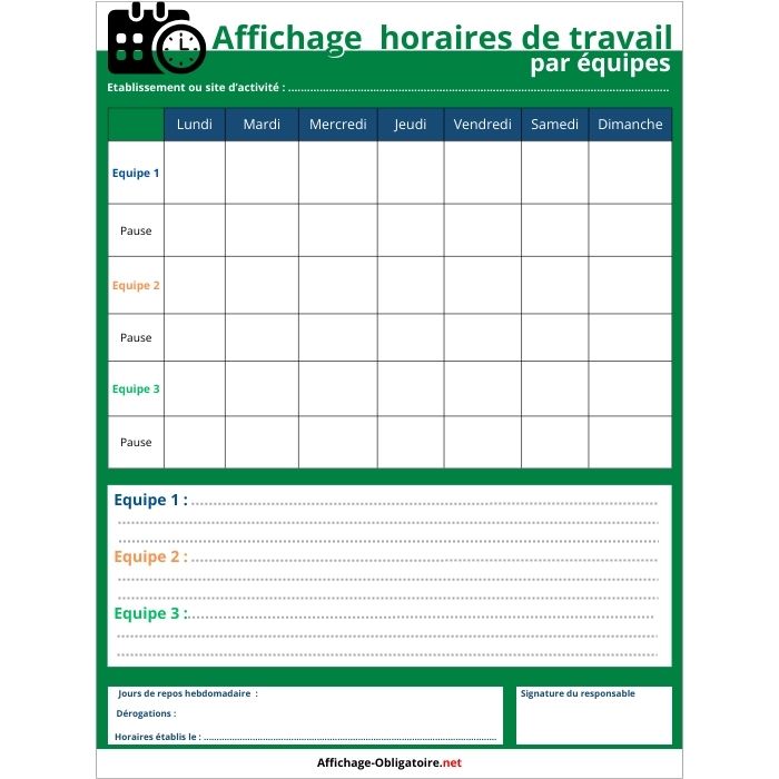Affichage horaires de  travail par équipes