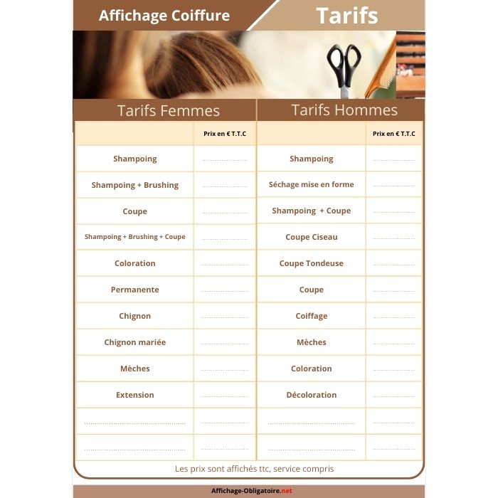 Affichage des tarifs de la coiffure