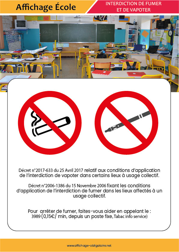 Affichage interdiction de fumer et de vapoter dans une école