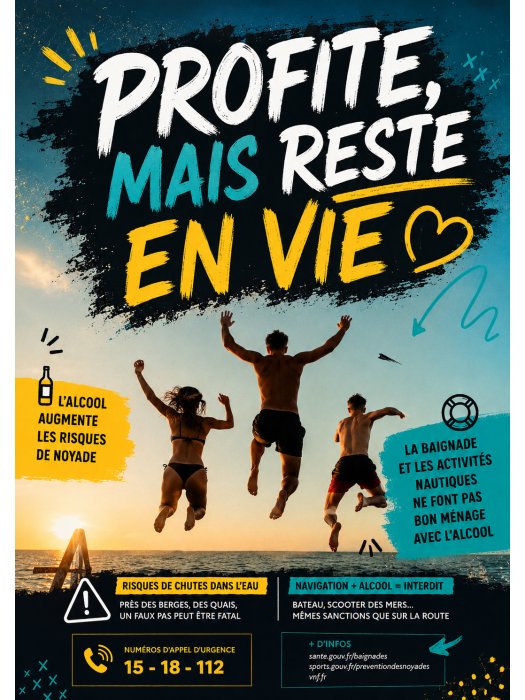 Affiche de prévention « Profite, mais reste en vie » – Alcool et activités nautiques