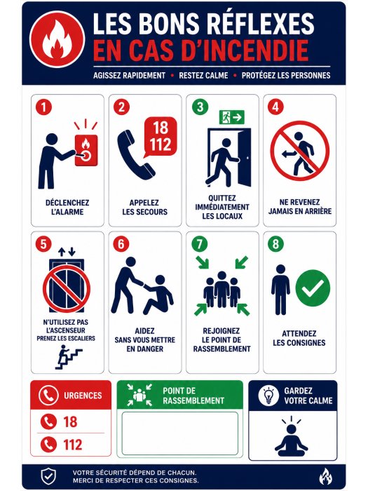 Affiche « Les Bons Réflexes en Cas d'Incendie » - Format A4 Plastifiée