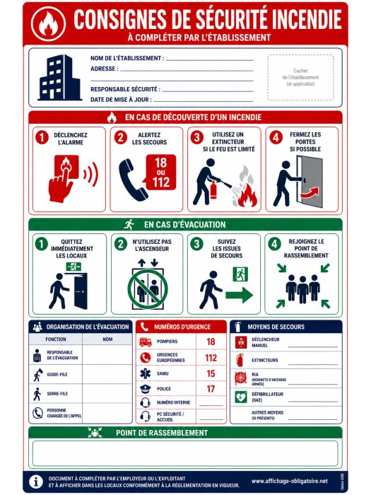 Affiche Consignes de Sécurité Incendie - Format A4 Plastifié