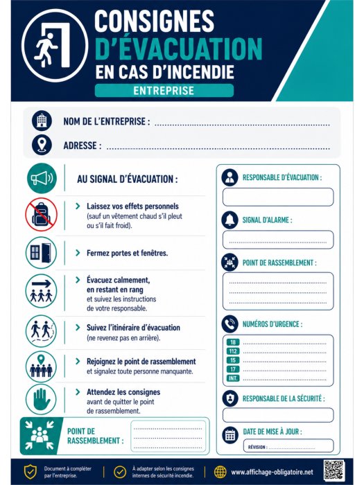 Consignes d'Évacuation en Cas d'Incendie – Entreprise (A4)