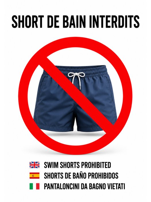 Affiche « Short de bain interdits » – Signalétique piscine multilangue